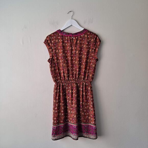 DR2 Dark Cinnamon Vneck Cap Sleeve Elastic Waist Border Print Floral Dress - S - Picture 11 of 13